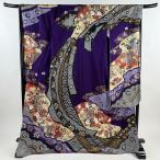 振袖 身丈170cm 裄丈69cm L 袷 御所車 草花 絞り 金糸 紫 正絹 秀品 中古