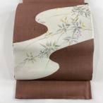 美品 袋帯 名品 夏帯 夏紬地 とんぼ 葉と実 小豆色 お太鼓柄 正絹 中古 在庫一掃