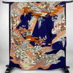 ショッピング振袖 振袖 身丈163cm 裄丈64cm M 袷 御所車 草花 金彩 染分け 紺色 正絹 秀品 中古