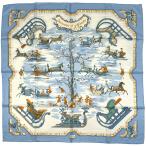 エルメス HERMES カレ90 Traineaux et glifsades ソリとスケート スカーフ シルク ライトブルー マルチカラー レディース 中古 在庫一掃