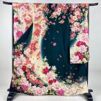 振袖 身丈164cm 裄丈67cm M 袷 牡丹 薔薇 金彩 金糸 深緑 正絹 名品 中古