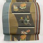 名古屋帯 秀品 松葉仕立て 八寸名古屋帯 玩具 金糸 茶緑色 正絹 中古