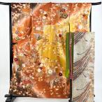 ショッピング振袖 振袖 身丈161cm 裄丈64.5cm M 袷 袋帯フルセット 花車 鳳凰 金糸 金彩 オレンジ 正絹 秀品 中古