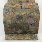 美品 袋帯 名品 全通全景図 源氏物語絵巻 箔 金色 全通 正絹 中古