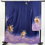振袖 身丈161cm 裄丈64cm M 袷 花車 流水 金彩 染分け 紺色 正絹 秀品 中古