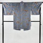  верхняя одежда длина 95.5cm длина рукава 68cm L японский костюм пальто кимоно воротник бумажная часть веера . цветок золотая краска синий серый натуральный шелк превосходящий товар б/у 