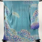 美品 振袖 身丈163cm 裄丈71cm L 袷 桜 草花 金通し 金糸 水色 正絹 名品 中古