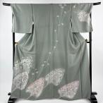 訪問着 身丈167cm 裄丈70cm L 袷 樹木 花 ぼかし 灰緑 正絹 名品 中古