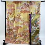振袖 身丈167.5cm 裄丈68.5cm L 袷 袋帯フルセット 草花 幔幕 金糸 金彩 薄黄 正絹 名品 中古