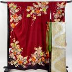 ショッピング振袖 振袖 身丈162cm 裄丈70cm L 袷 袋帯フルセット 檜扇 草花 金糸 金彩 赤 正絹 秀品 中古