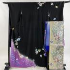 美品 振袖 身丈163cm 裄丈72.5cm L 袷 袋帯フルセット 桜 桜の花びら 染め分け ぼかし 黒 正絹 秀品 中古