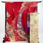 ショッピング振袖 美品 振袖 身丈171.5cm 裄丈69cm L 袷 袋帯フルセット 蝶 草花 金糸 金彩 赤 正絹 秀品 中古