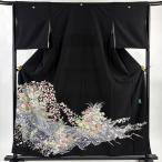ショッピング分けあり 美品 黒留袖 身丈157cm 裄丈63.5cm S 袷 落款あり 花舟 波 染め分け 黒 正絹 名品 中古