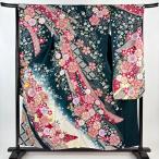 ショッピング振袖 美品 振袖 身丈156cm 裄丈66cm M 袷 桜 牡丹 金糸 金彩 深緑 正絹 秀品 中古