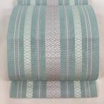 名古屋帯 名品 夏帯 八寸名古屋帯 縞 幾何学模様 水色 正絹 中古