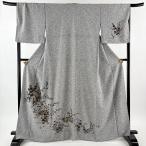 美品 付下げ 身丈164cm 裄丈68cm L 袷 秋草 扇面 金彩 黒灰 正絹 秀品 中古