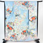 振袖 身丈165cm 裄丈64cm M 袷 扇 牡丹 水色 正絹 名品 中古
