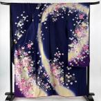 ショッピング振袖 振袖 身丈159.5cm 裄丈67.5cm L 袷 草花 雪輪 金彩 ぼかし 紺色 正絹 名品 中古