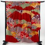 ショッピング琉球 振袖 身丈160cm 裄丈66.5cm M 袷 栗山吉三郎 琉球紅型 落款あり 雪輪 草花 縮緬 朱色 正絹 逸品 中古