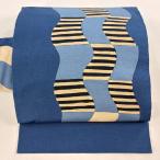 ショッピング楽 名古屋帯 逸品 洛楽人 落款あり 紬地 幾何学 藍色 正絹 中古