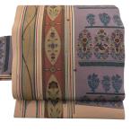 美品 名古屋帯 秀品 鳥 草花 金彩 灰紫 正絹 中古