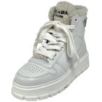 プラダ PRADA ロゴプレート ハイカット スニーカー ボア 靴 スニーカー レザー ホワイト レディース 中古