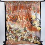 美品 振袖 身丈168cm 裄丈66cm M 袷 鶴 菊 金糸 金彩 オレンジ 正絹 秀品 中古