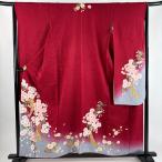 振袖 身丈158cm 裄丈65cm M 袷 桜 短冊 金彩 染め分け 赤 正絹 秀品 中古