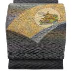 美品 袋帯 秀品 金閣寺 草花 墨色 お太鼓柄 正絹 中古