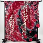 美品 振袖 身丈165cm 裄丈71cm L 袷 草花 花びら 金糸 銀通し 赤 正絹 名品 中古