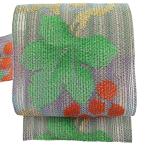 名古屋帯 秀品 夏帯 羅 八寸名古屋帯 松葉仕立て 葡萄唐草 金糸 紫 正絹 中古