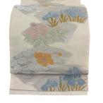 袋帯 秀品 関西仕立て 夏帯 紗 扇面 草花 金糸 箔 クリーム 全通 正絹 中古