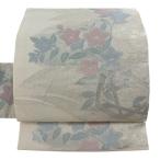 美品 名古屋帯 秀品 夏帯 絽 秋草 芝 箔 銀糸 クリーム 正絹 中古