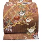 美品 袋帯 秀品 橘花 間垣 金糸 茶色 六通 正絹 中古
