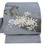 名古屋帯 秀品 夏帯 紗 草花 霞 金糸 箔 青灰色 正絹 中古