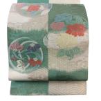袋帯 秀品 夏帯 紗 花丸文 波頭 金糸 刺繍 薄緑 お太鼓柄 正絹 中古