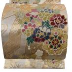 美品 袋帯 秀品 華文 牡丹 金銀糸 唐織 薄茶色 六通 正絹 中古 在庫一掃