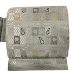 美品 名古屋帯 秀品 落款あり 瓢箪 菱 唐織 灰色 正絹 中古