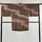 道行 身丈93.5cm 裄丈67cm M 和装コート 角衿 霞 草花 絞り 灰茶 正絹 秀品 中古 在庫一掃