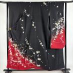 振袖 身丈158cm 裄丈63cm S 袷 桜 地紋 金銀彩 染め分け 黒 正絹 秀品 中古