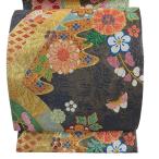 袋帯 秀品 振袖向き 草花 蝶 金糸 箔 墨色 六通 正絹 中古