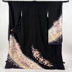 美品 振袖 身丈176cm 裄丈71cm L 袷 桜 手鞠 ぼかし 黒 正絹 名品 中古