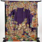 ショッピング振袖 振袖 身丈170cm 裄丈68cm L 袷 落款あり 枝花 宝尽くし 金彩 縮緬 紫 正絹 名品 中古