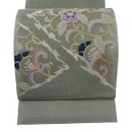 美品 名古屋帯 秀品 夏帯 絽 八寸名古屋帯 トンネル仕立て 花唐草 幾何学模様 金銀糸 灰緑 正絹 中古