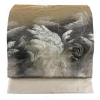 美品 袋帯 逸品 横山大観 落款あり 山 波頭 金糸 箔 金色 お太鼓柄 正絹 中古