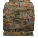 美品 袋帯 名品 24金プラチナ二重箔 源氏物語絵巻 青緑 お太鼓柄 正絹 中古