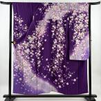 振袖 身丈153.5cm 裄丈64.5cm M 袷 枝垂れ桜 金糸 ぼかし 紫 正絹 名品 中古
