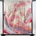 ショッピング振袖 振袖 身丈154cm 裄丈62.5cm S 袷 菊 桜 銀通し 絞り ピンク 正絹 逸品 中古