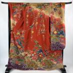 美品 振袖 身丈167cm 裄丈72cm L 袷 牡丹 流水 染め分け 縮緬 朱色 正絹 名品 中古
