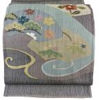 美品 袋帯 名品 夏帯 扇面 草花 金銀糸 茶紫 お太鼓柄 正絹 中古